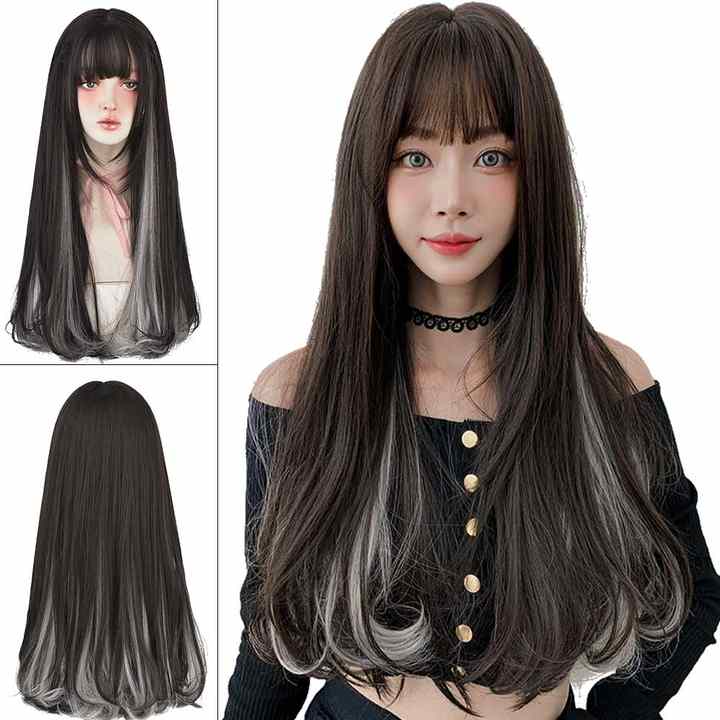 Black Highlighted Wig Heat Resistant Fiber Black White Ombre Long Straight Wig Bangs 26 Inch Synthetic Wig