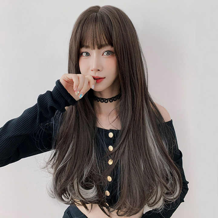 Black Highlighted Wig Heat Resistant Fiber Black White Ombre Long Straight Wig Bangs 26 Inch Synthetic Wig