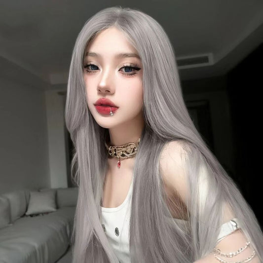 New wig female long hair center parted bangs long straight hair