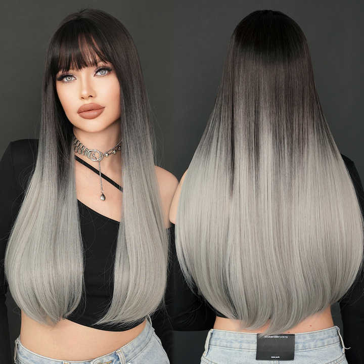 Bangs 28 inch black wig with black roots natural heat resistant fiber synthetic wig for women