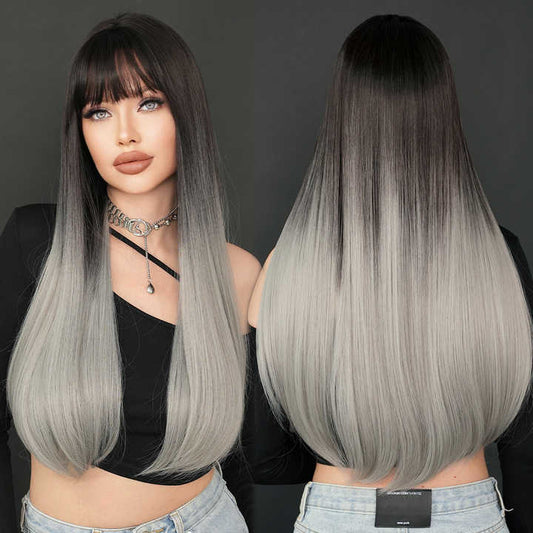 Bangs 28 inch black wig with black roots natural heat resistant fiber synthetic wig for women