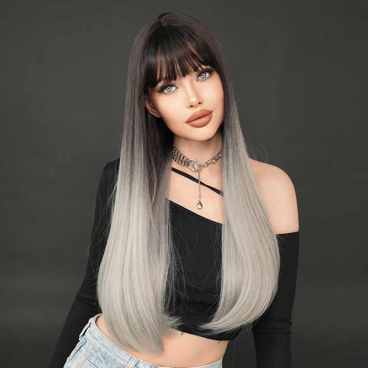 Bangs 28 inch black wig with black roots natural heat resistant fiber synthetic wig for women