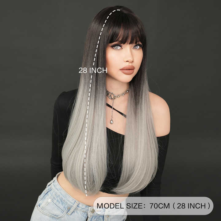 Bangs 28 inch black wig with black roots natural heat resistant fiber synthetic wig for women