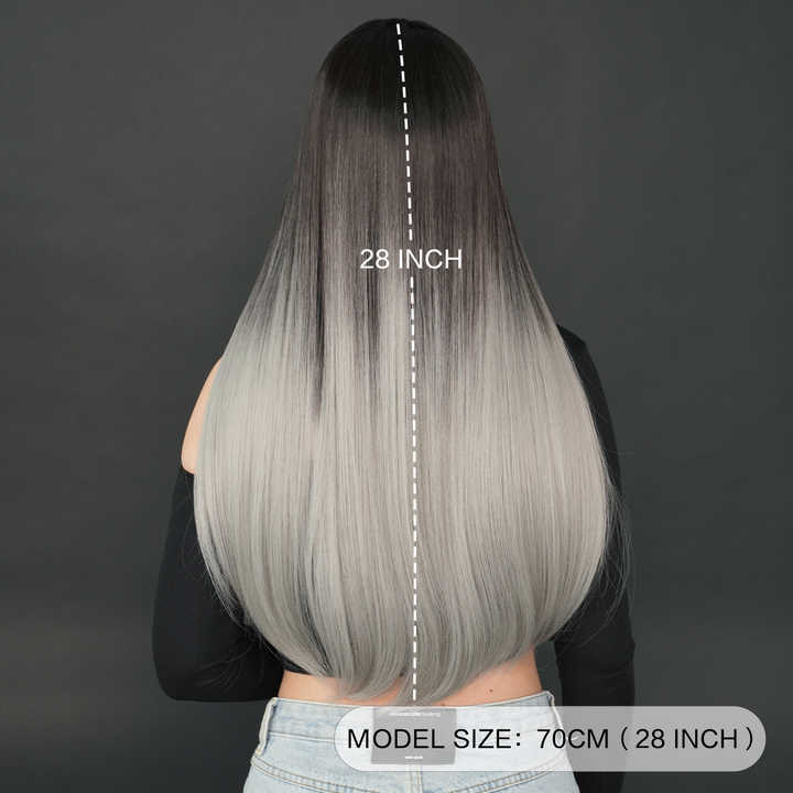 Bangs 28 inch black wig with black roots natural heat resistant fiber synthetic wig for women