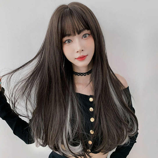 Black Highlighted Wig Heat Resistant Fiber Black White Ombre Long Straight Wig Bangs 26 Inch Synthetic Wig