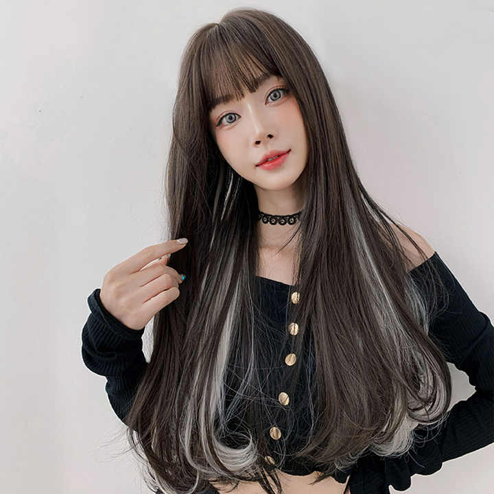 Black Highlighted Wig Heat Resistant Fiber Black White Ombre Long Straight Wig Bangs 26 Inch Synthetic Wig